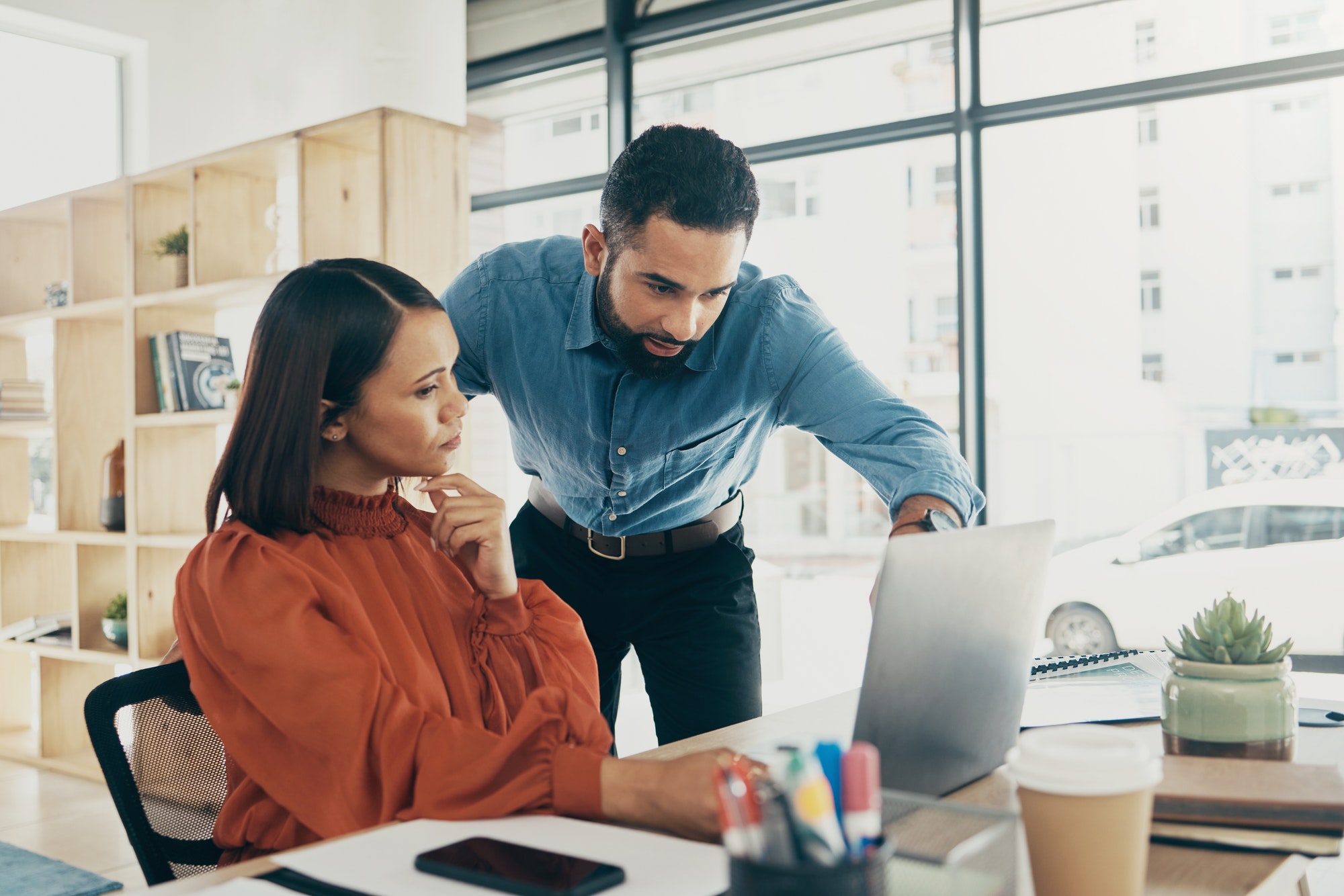 Business people, manager and collaboration on laptop for office teamwork, editing or copywriting id